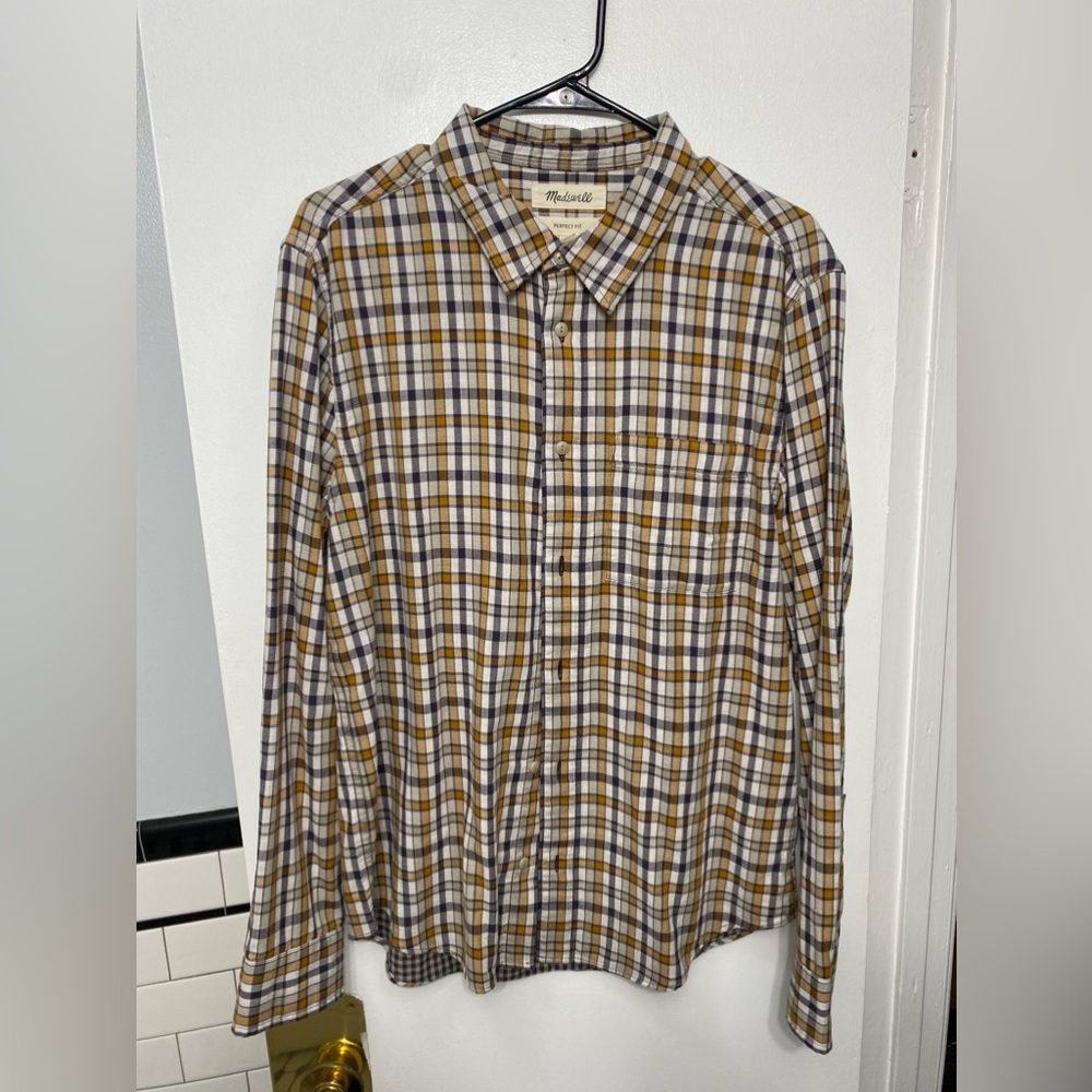 Madewell Mens Perfect Fit Plaid Yellow Brown Collared Long Sleeve Shirt
